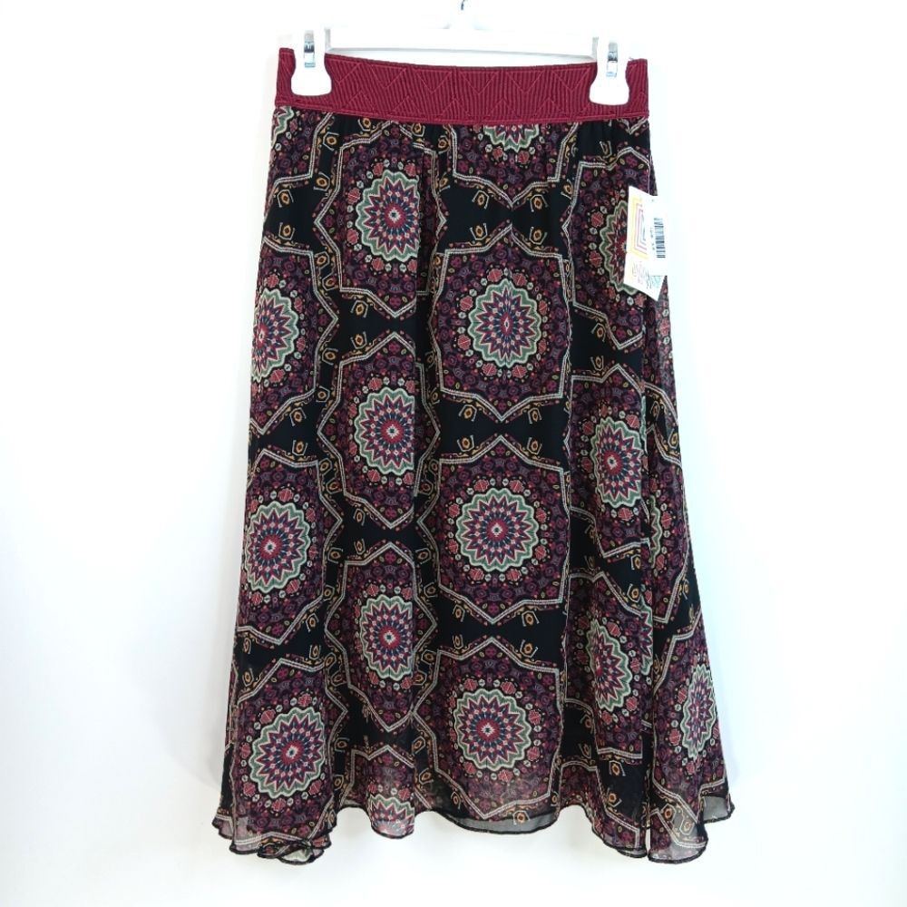 LULAROE Women's Lola Midi Skirt Geometric Boho Print Black Purple XS NWT